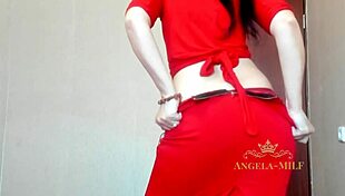 Beautiful brunette milf shakes huge ass in red panties for young fan angela-milf