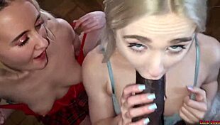 Two Petite Blondes With Small Tits Kiss And Share Big Fat Dick