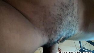 POV interracial creampie with big white cock and hairy ebony pussy.