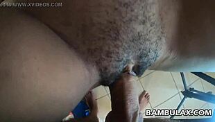 POV interracial creampie with big white cock and hairy ebony pussy.