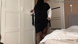 stepmom in hijab shows pantyhose to her stepson