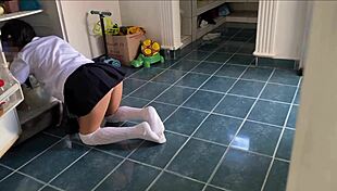 Father-in-law catches stepdaughter in uniform and fucks her hard in the kitchen