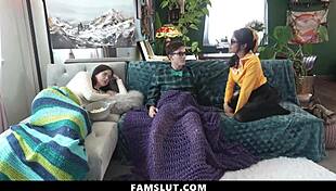 Petite asian stepsister sneaks a ride beside resting stepmom