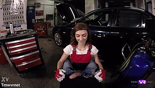 Hot brunette mechanic in the car offers blowjob and sex services.