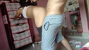 A hot couple gets it on with a fitness trainer at the gym