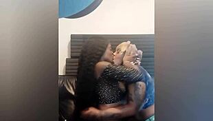 Teen Ebony Friends Kissing and Using Strapon Dildos in Front of Boyfriend