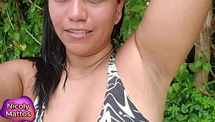 Nicoly Mattos' sweaty adventure: blowjob without condom leading to creampie, then playfully extracting cum from her ass.