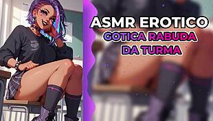 Gothic colleague whispers forbidden desires while licking pussy.