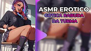 Gothic colleague whispers forbidden desires while licking pussy.