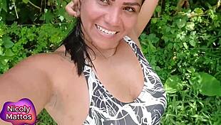 Nicoly Mattos' sweaty adventure: blowjob without condom leading to creampie, then playfully extracting cum from her ass.