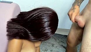 brunette gives oral sex and swallows whole