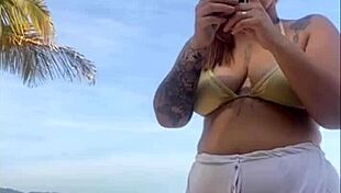 Oops, these shorts are showing my big pussy on the beach 😏