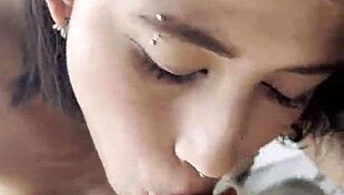 old girlfriend blows roommate's huge cock while cuckold watches and swallows cum