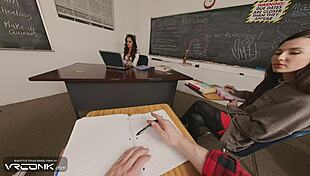 skinny violet rides tight on desk, fucking with monster cock in ripped uniform