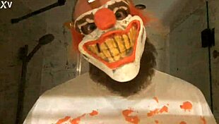 A clown with a cock and a funny costume