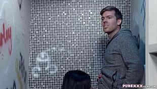 Hot Brunette Milf Taking Hard Cock in Toilet With Lingerie