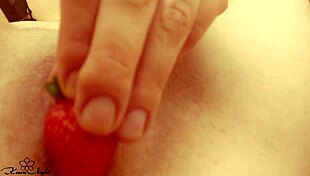 Babe masturbates pussy with food in nightie, explodes in intense orgasm close-up!