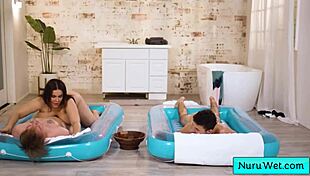 Hey, sexy busty masseuse Natasha Nice bangs two young boys in nuru massage! 😍