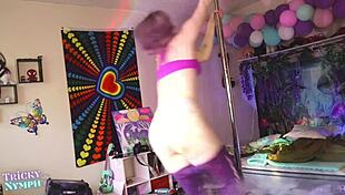 Cute nymph feels horny as she strip teases and twerks on webcam.