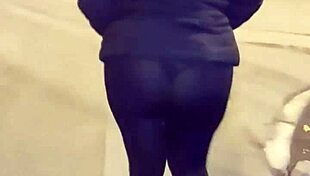 Mature Street Whore Flashes Thong Through Transparent Leggings In Public