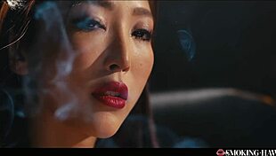 Japanese girl teases with dirty talk while smoking over a thick cock