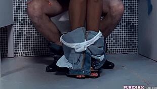 Hot Brunette Milf Taking Hard Cock in Toilet With Lingerie