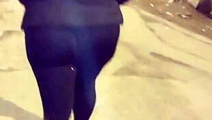 Mature Street Whore Flashes Thong Through Transparent Leggings In Public