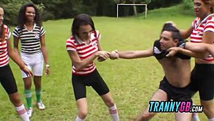 kinky group activity with referee on soccer field