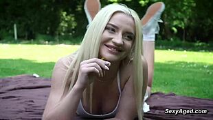 Old man fucks sexy blonde with big cock in public park