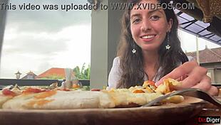 Girl Walks Cafe with Cum on Face Swallowing Pizza