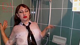Hidden cam catches housewife in wet clothes under shower