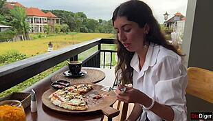 Girl Walks Cafe with Cum on Face Swallowing Pizza