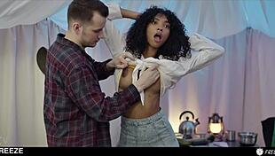 Hot Teen 18+ Freezes for Roommate's Squirting Orgasms and Creampie