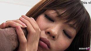 Japanese girl picked up for sloppy sucking and creampie in casting
