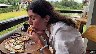 Girl Walks Cafe with Cum on Face Swallowing Pizza