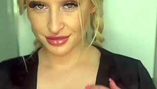 Horny College Girl Sucks Banana Seductively, Teasing with Curvy Blonde Body.