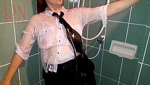 Hidden cam catches housewife in wet clothes under shower