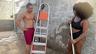 Neighbor Offers Hairy Pussy Instead Of Ladder And Asks For Cum On Face