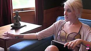 stunning lesbian dominatrix uses a strapon to fuck a slutty blonde interviewer