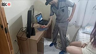 Slut Without Panties Welcomes Internet Technician In Uniform