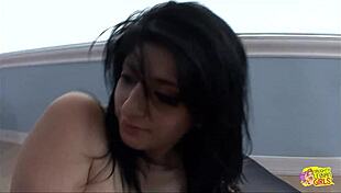 Bratty lesbians kiss and seduce nerd for pussy licking threesome