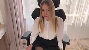 Hot Sexy 18-Year-Old Blonde in Black Pantyhose Enjoys Intense Riding