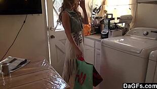 Beautiful blonde babe back from shopping wants sex ride