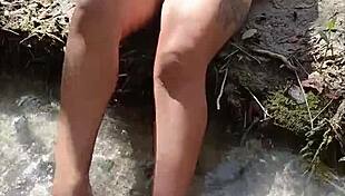 Mexican puta shows tits and pussy in public river