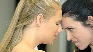 Beautiful milf in threesome lesbian strapon fucking with heels