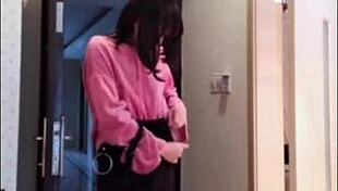 Asian ladyboy masturbates her dick, flashes it to woman, and cums.