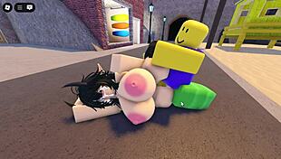 emma gets gangbanged by three guys on the roblox whorblox street, sucking and fucking roughly.