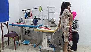 Intense seduction in the sewing workshop with ebony latina massage