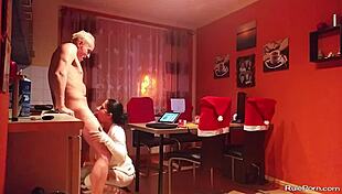 Intense couple engages in wild oral sex and licking in kitchen.