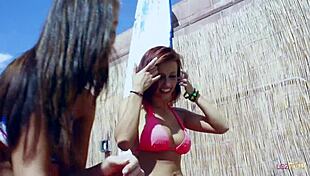 These cute teen 18+ lesbians are having fun in the swimming pool and then fuck each other hard